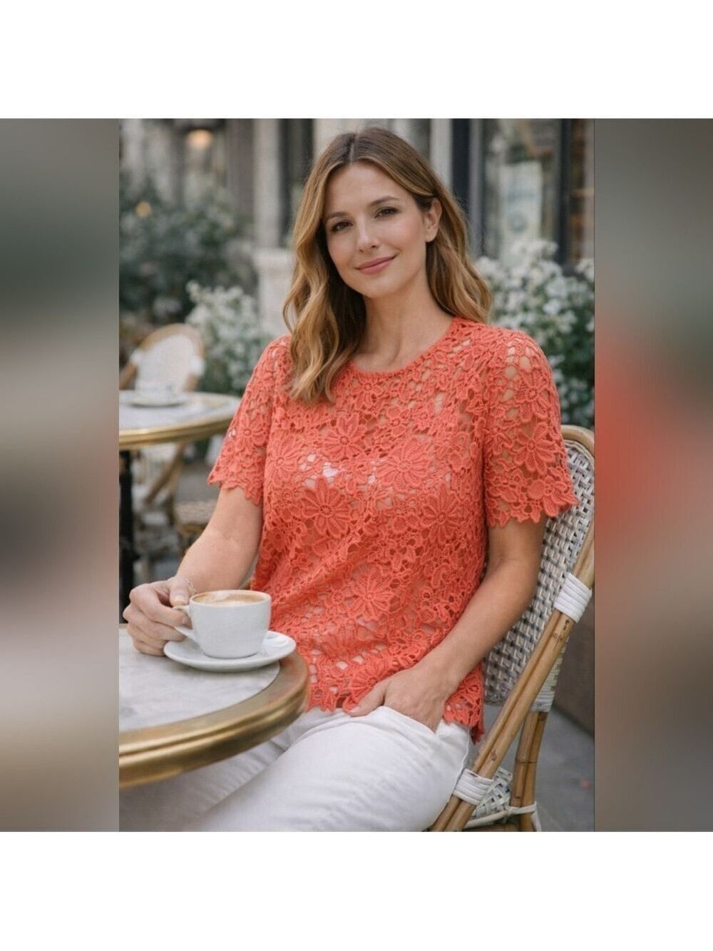 Coral Lace Blouse Cottagecore Romantic Top Feminine Chic Brunch Outfit